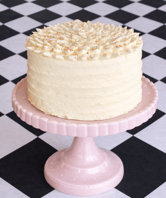 red velvet cake with light pink cream cheese icing